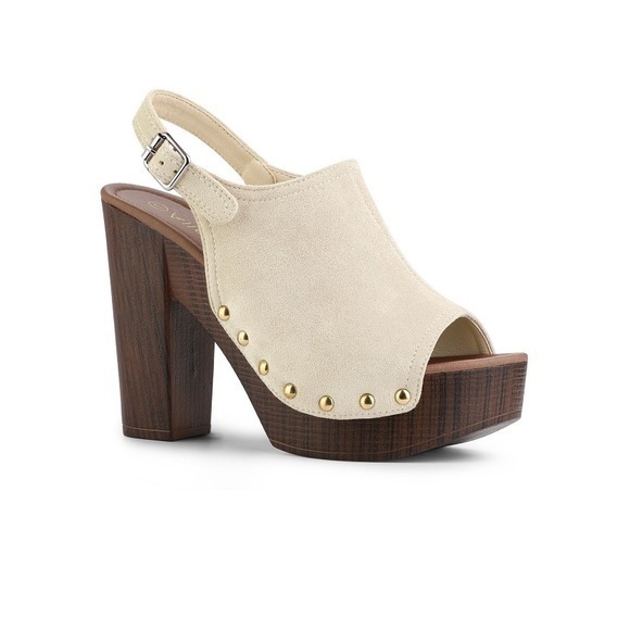 Shoes - Beige Chunky Heel Slingback Platform Heels Size 5.5